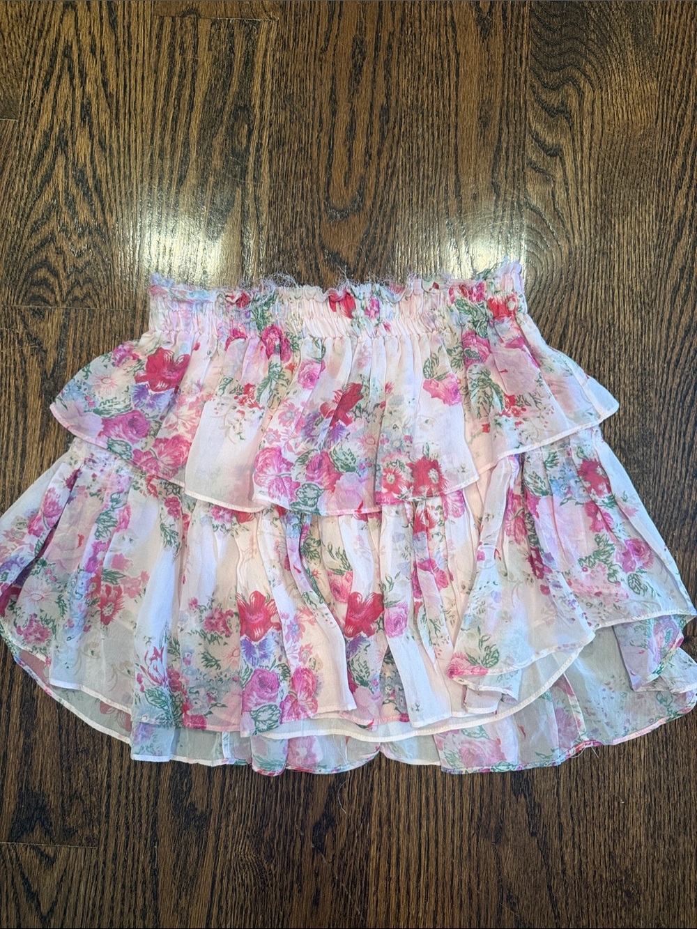 LoveShackFancy Pink Floral Tiered Ruffle Skirt